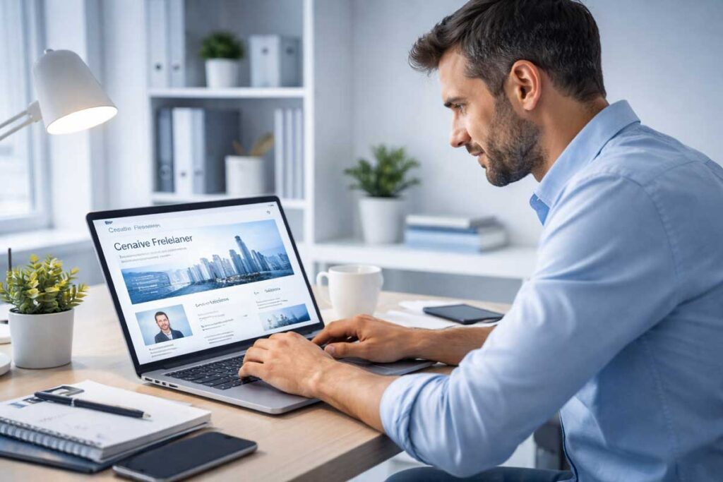 Indépendant travaillant sur un site web professionnel optimisé pour son activité