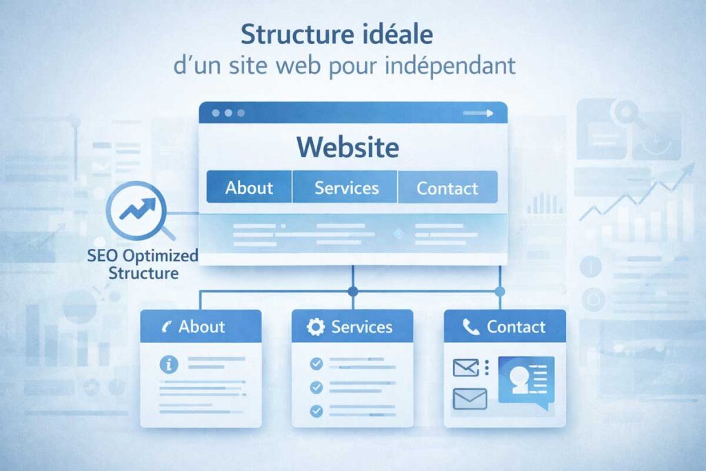 Schéma de structure d’un site web pour indépendant avec pages services et contact